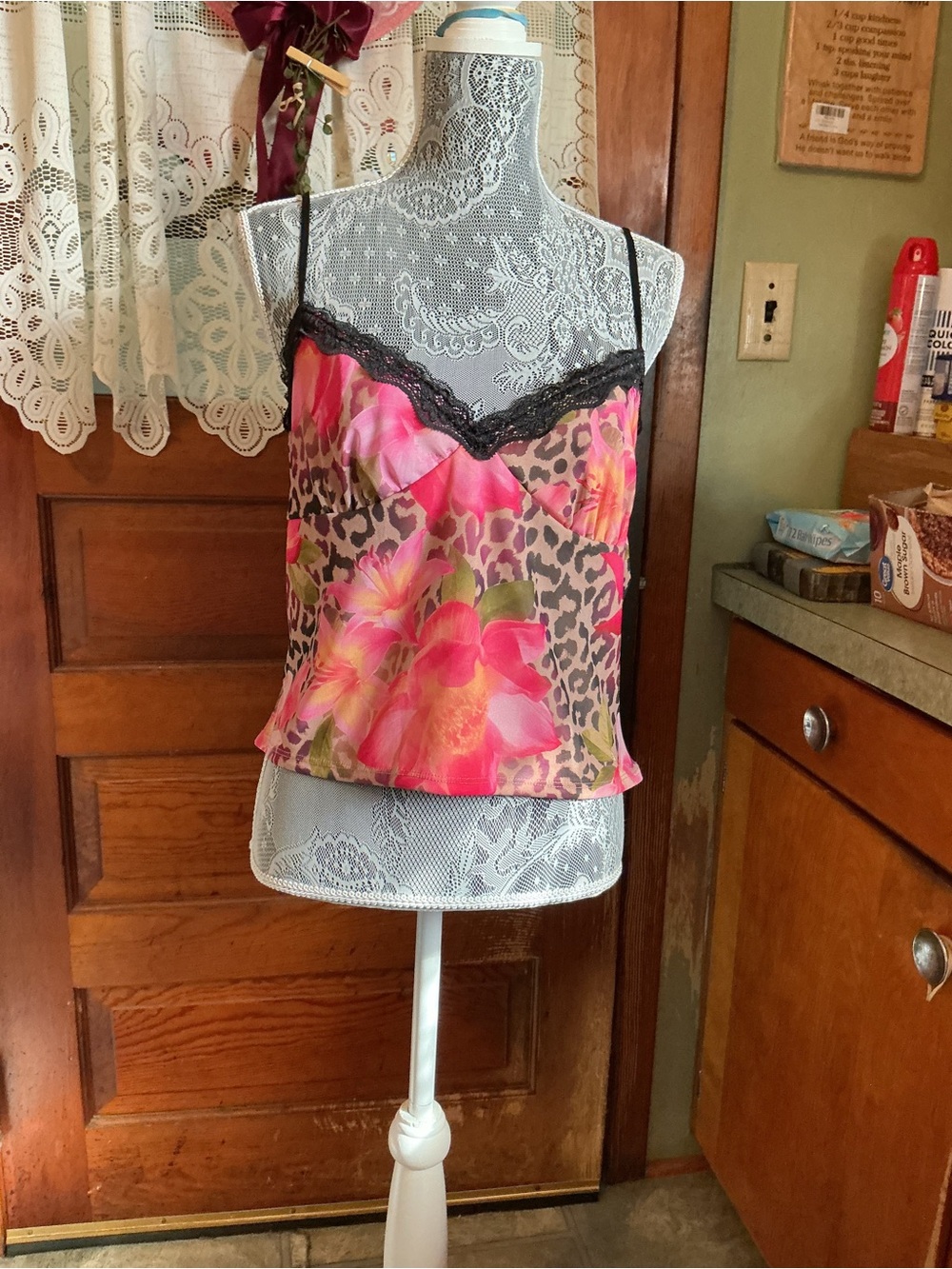 No Boundaries Pink Floral & Leopard Satin Cami with Black Lace Trim